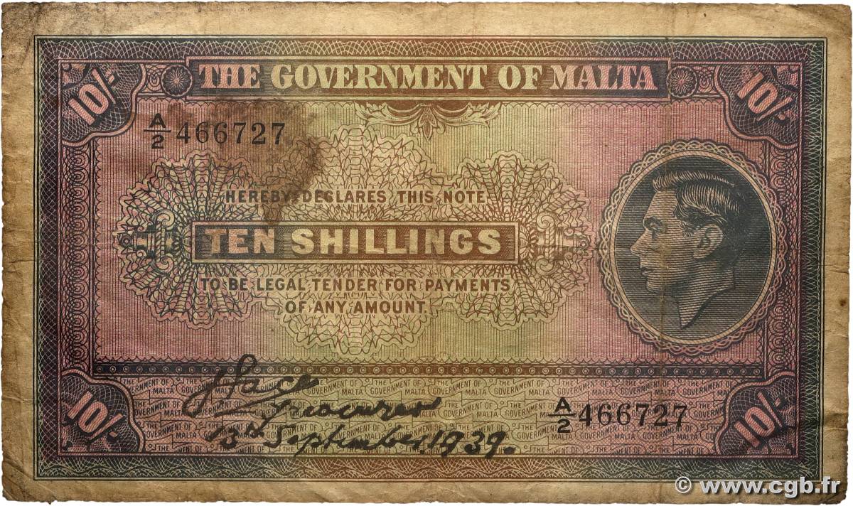 10 Shillings MALTE  1939 P.13 B+
