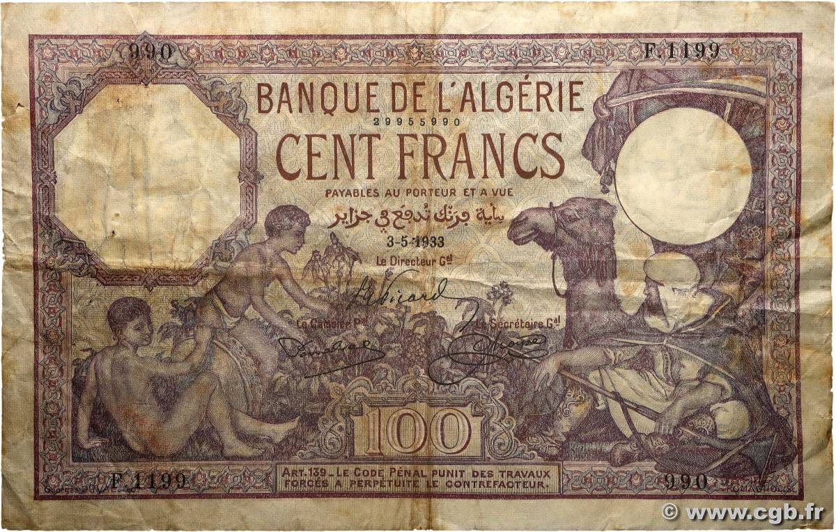 100 Francs ALGÉRIE  1933 P.081 TB