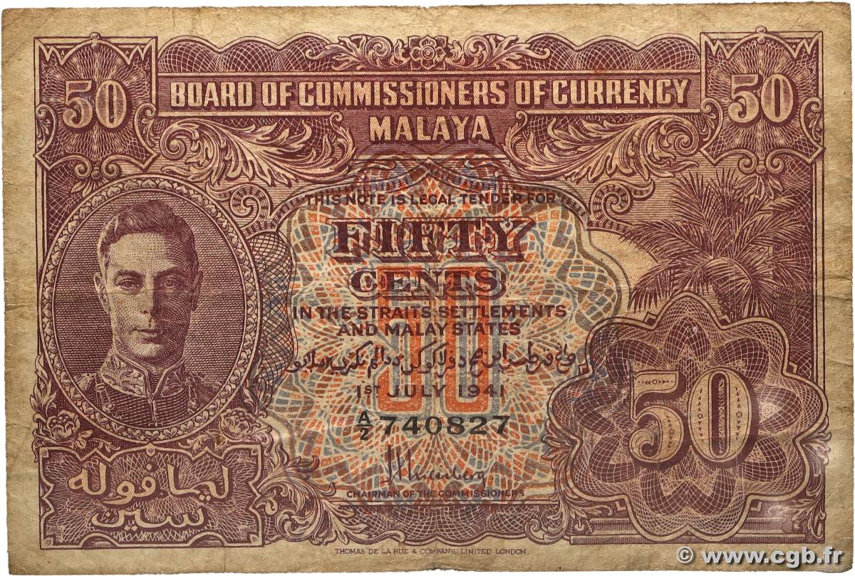 50 Cents MALAYA  1941 P.10b TB