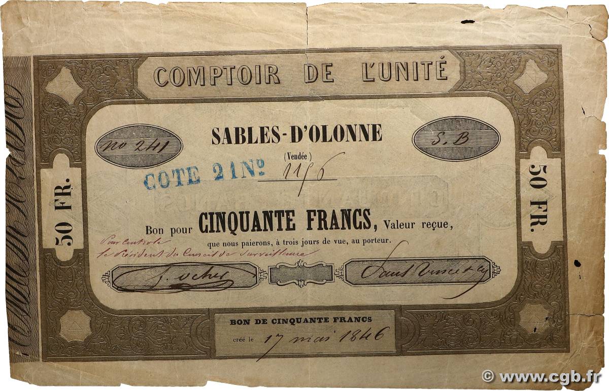 50 Francs FRANCE régionalisme et divers Sables-d&nbsp;Olonne 1846 F.- B