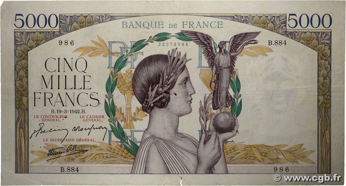 5000 Francs VICTOIRE Impression à plat FRANCE  1942 F.46.35 TB