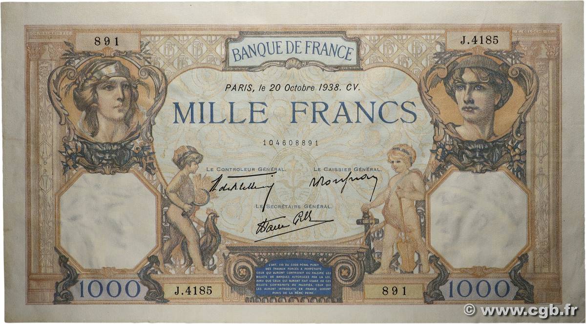 1000 Francs CÉRÈS ET MERCURE type modifié FRANCE  1938 F.38.30 TTB+