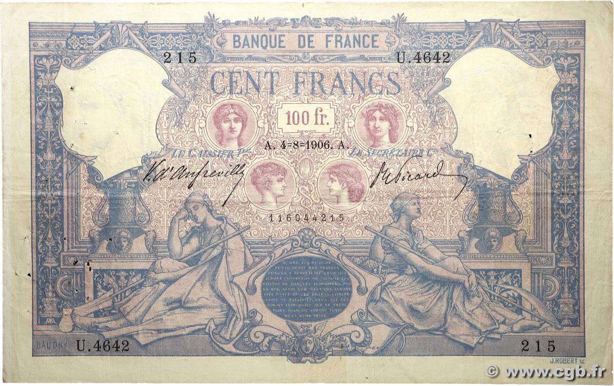 100 Francs BLEU ET ROSE FRANCE  1906 F.21.20 TB