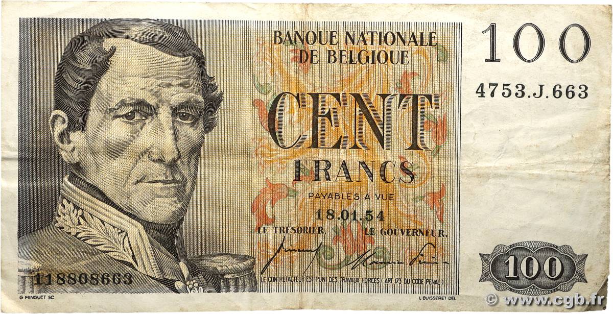 100 Francs BELGIQUE  1954 P.129b TB