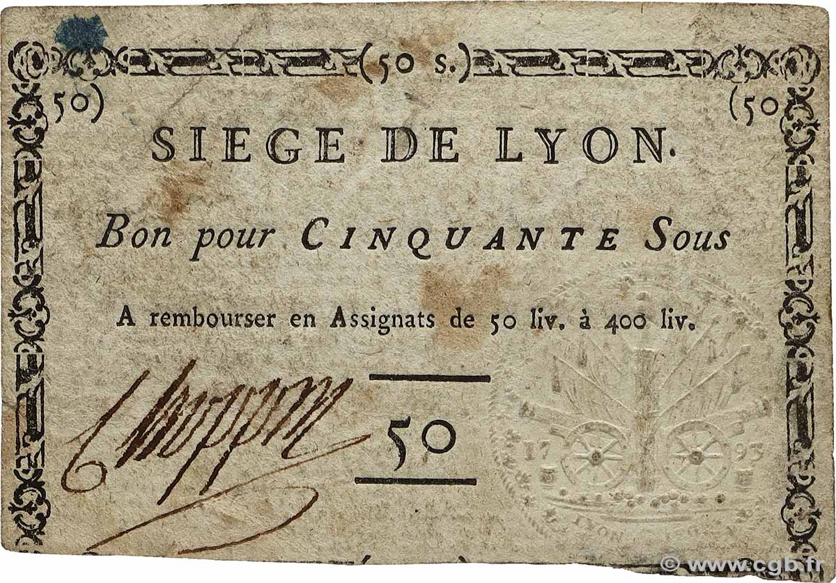 50 Sous FRANCE regionalism and various Lyon 1793 Kol.137var VG