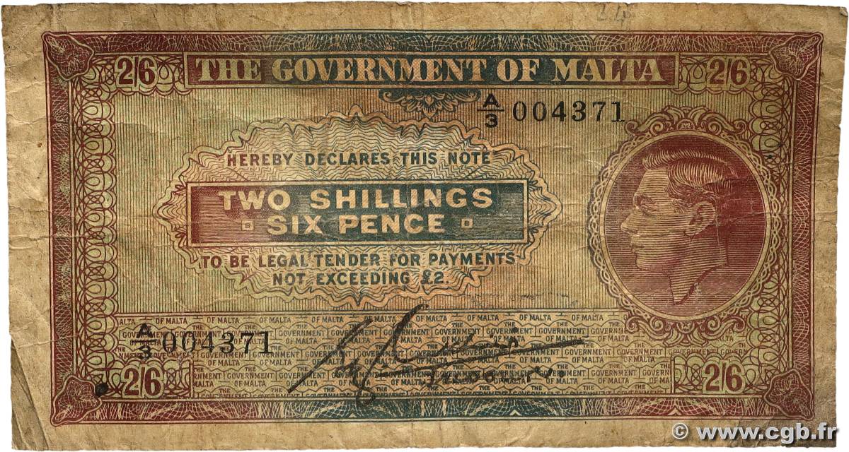 2 Shillings 6 Pence MALTE  1939 P.11 B