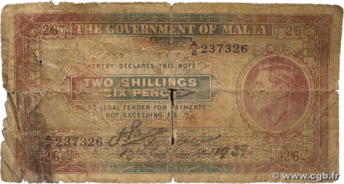 2 Shillings 6 Pence MALTE  1939 P.11 B