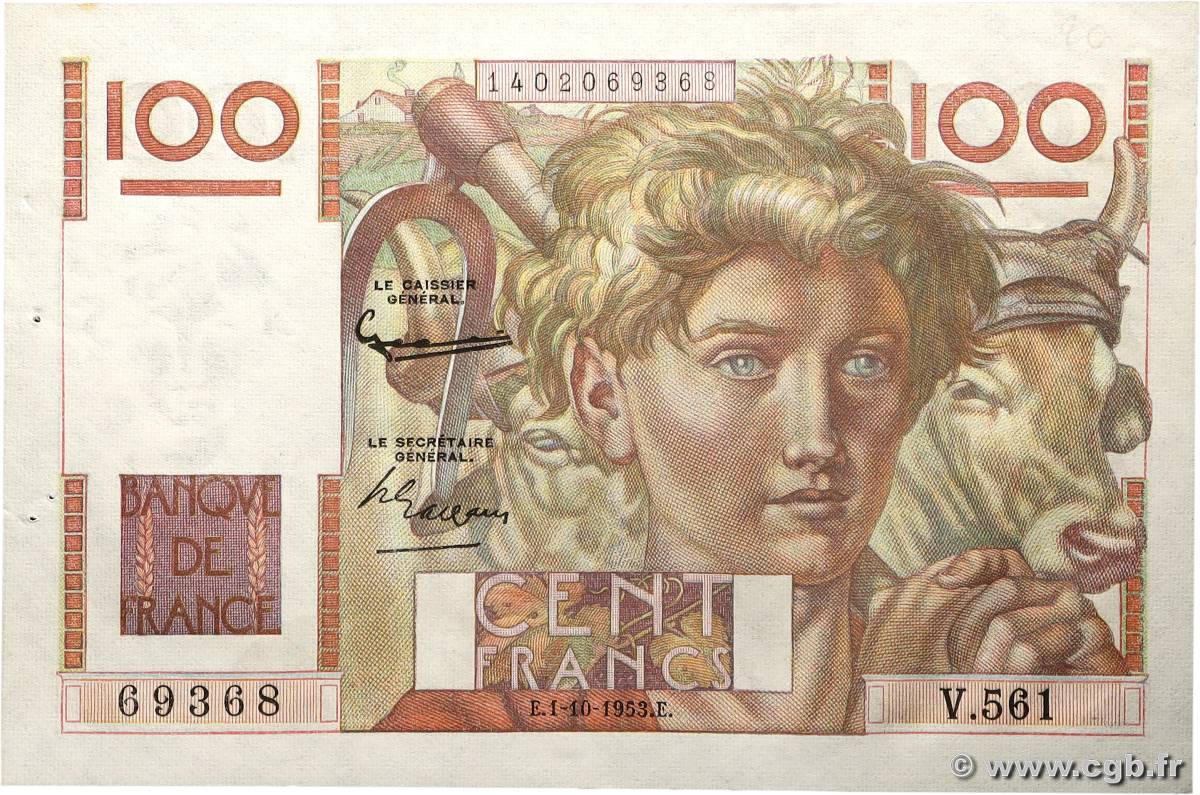 100 Francs JEUNE PAYSAN FRANCE  1953 F.28.39 SUP