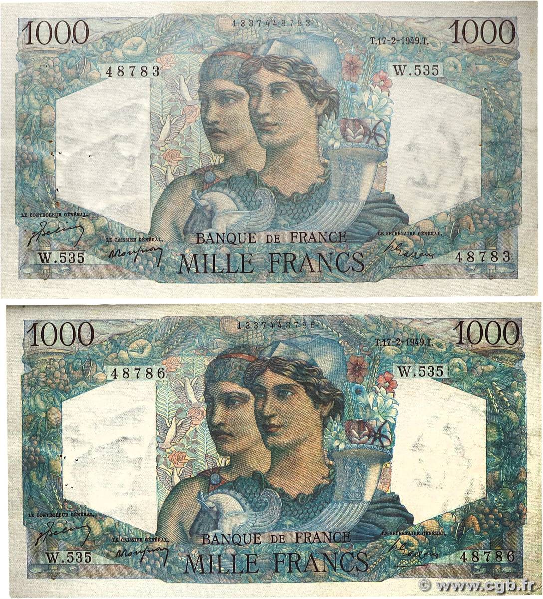 1000 Francs MINERVE ET HERCULE Lot FRANCE  1949 F.41.25 TTB+