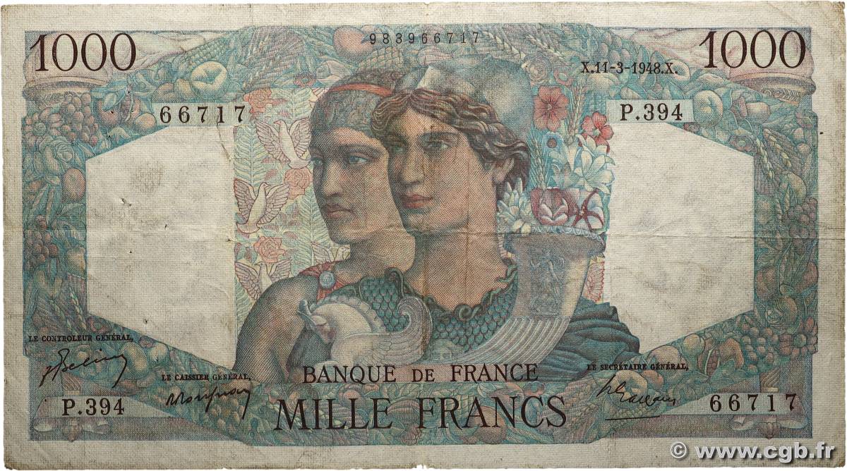 1000 Francs MINERVE ET HERCULE FRANCE  1948 F.41.19 TB