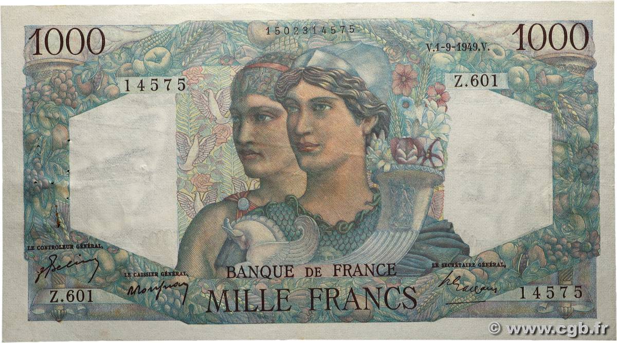 1000 Francs MINERVE ET HERCULE FRANCE  1949 F.41.28 TTB