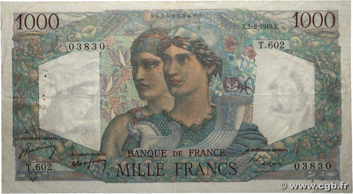 1000 Francs MINERVE ET HERCULE FRANCE  1949 F.41.28 TTB