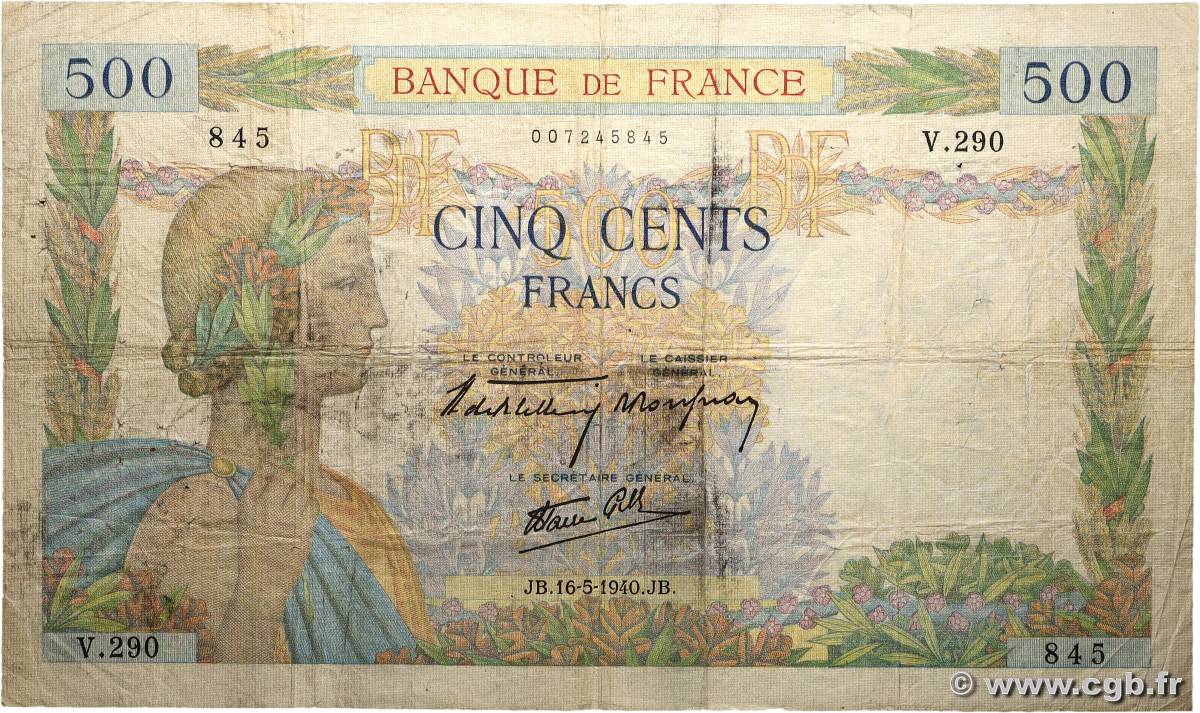 500 Francs LA PAIX FRANCE  1940 F.32.02 B