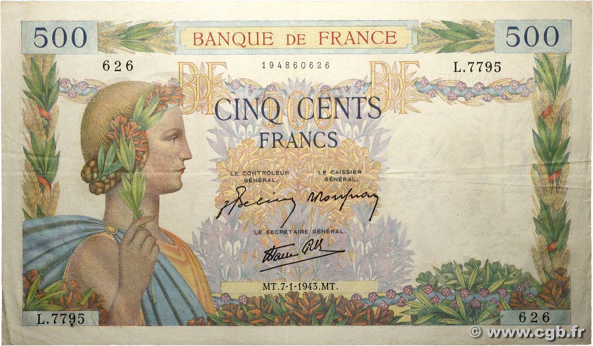 500 Francs LA PAIX FRANCE  1943 F.32.44 TB