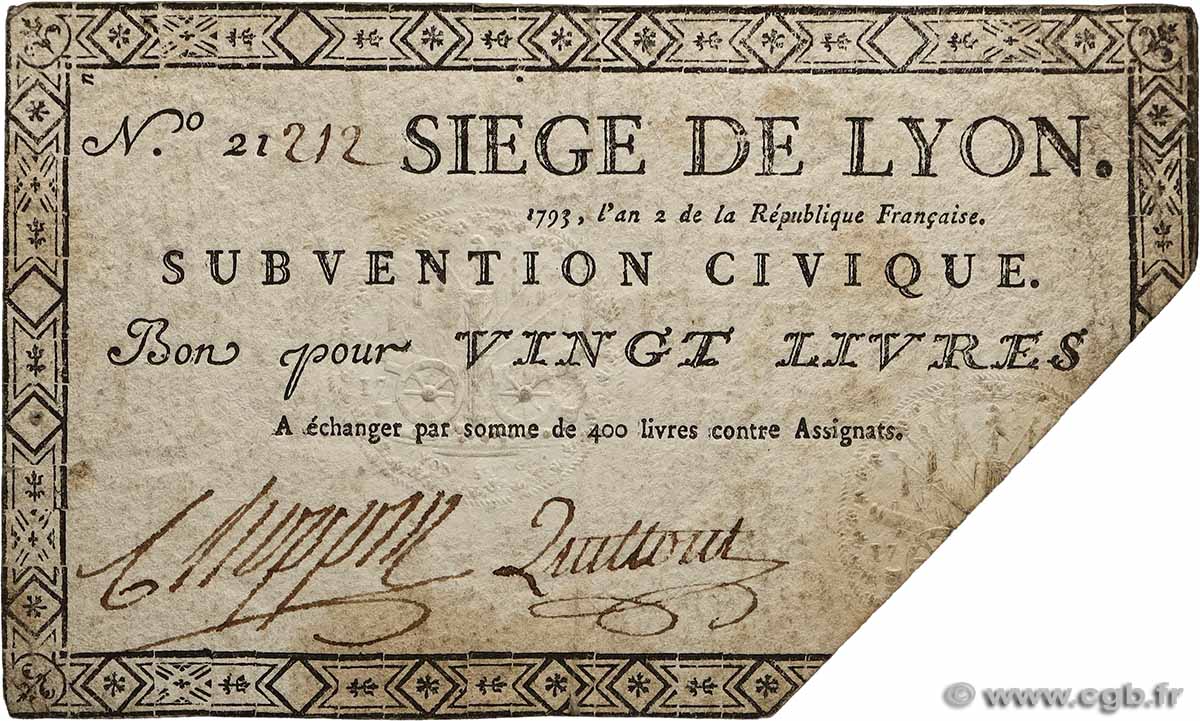 20 Livres FRANCE regionalism and various Lyon 1793 Kol.135b F+
