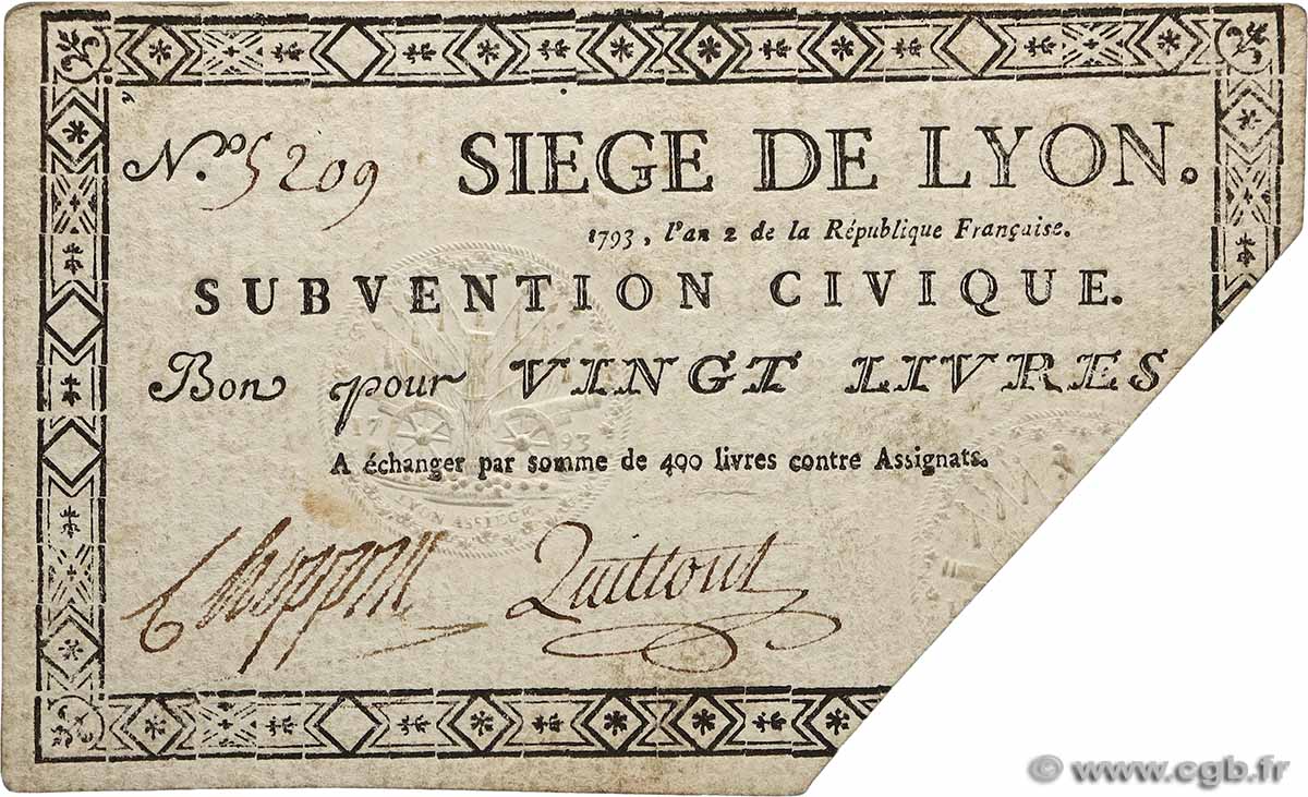 20 Livres FRANCE regionalism and various Lyon 1793 Kol.135a VF
