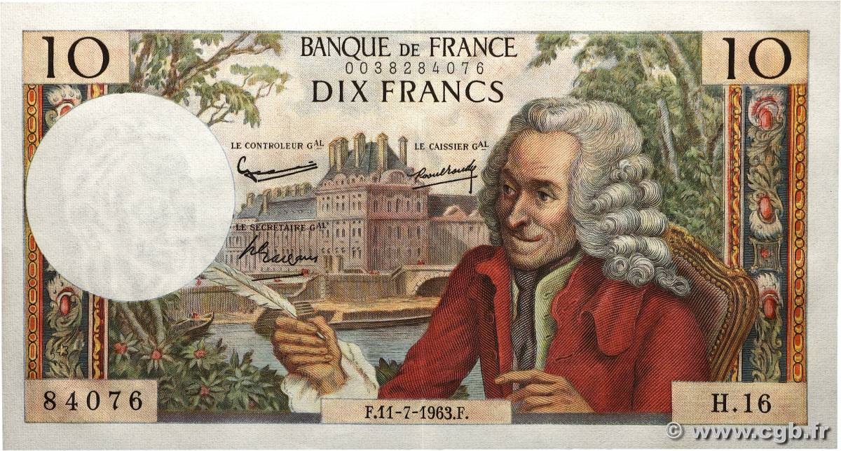 10 Francs VOLTAIRE FRANCE  1963 F.62.03 pr.SPL