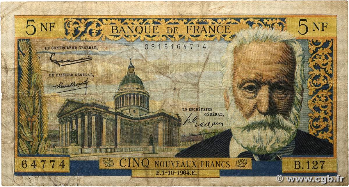 5 Nouveaux Francs VICTOR HUGO FRANCE  1964 F.56.16 B