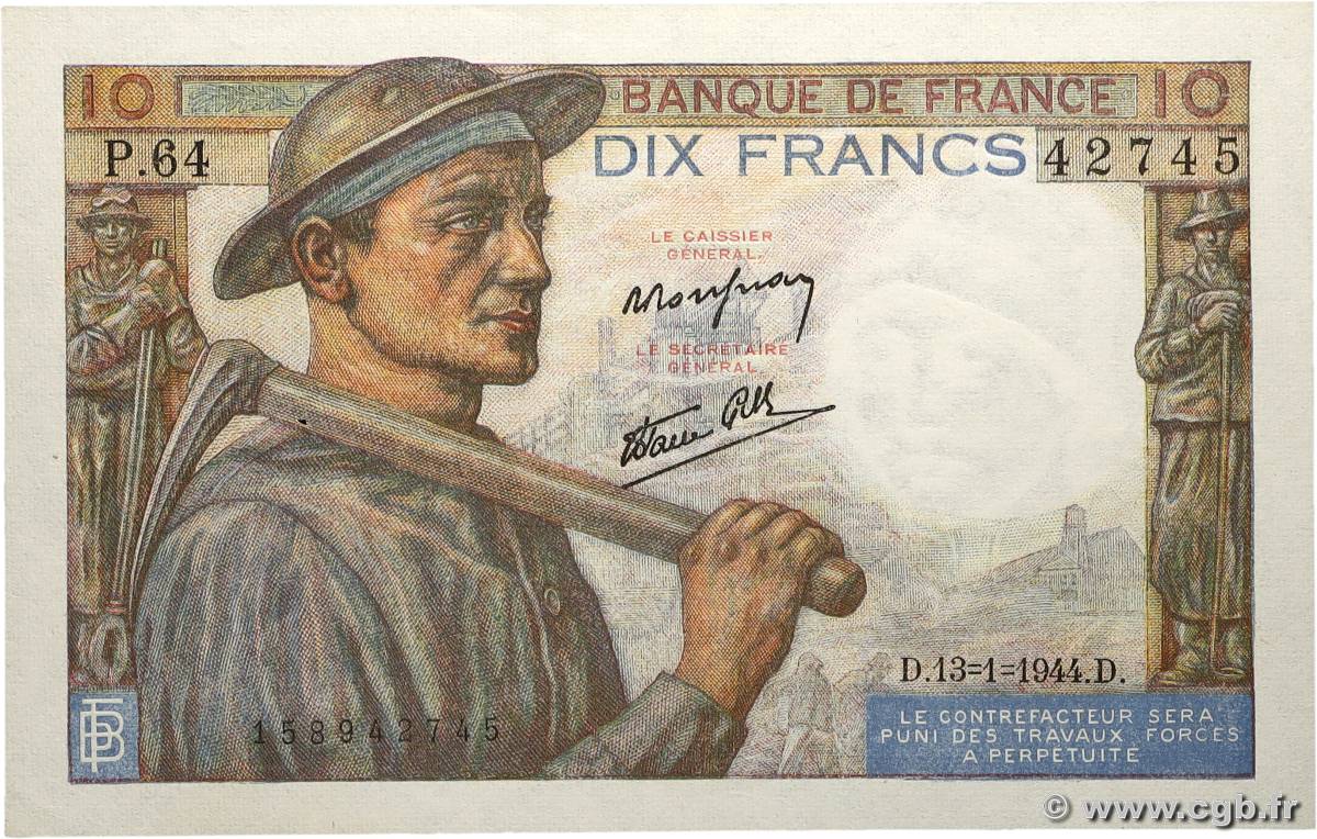 10 Francs MINEUR FRANCE  1944 F.08.10 SPL