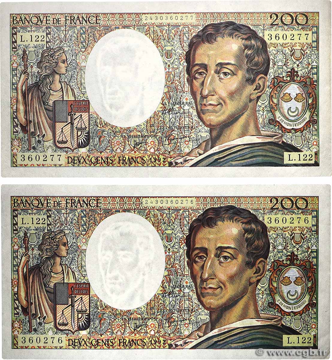 200 Francs MONTESQUIEU Consécutifs FRANCE  1992 F.70.12b SUP