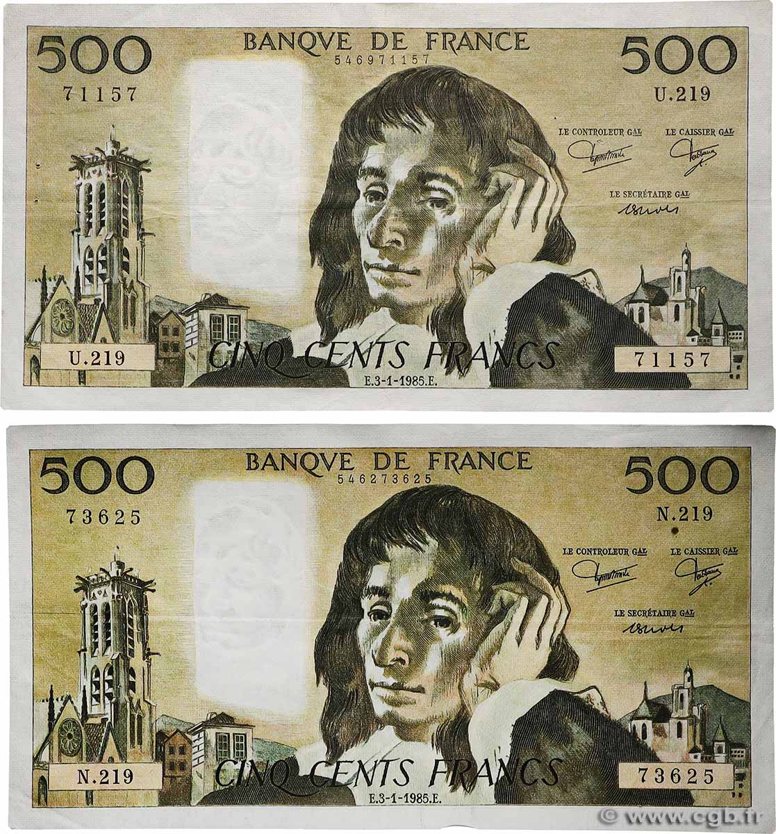 500 Francs PASCAL Lot FRANCE  1985 F.71.32 TB+