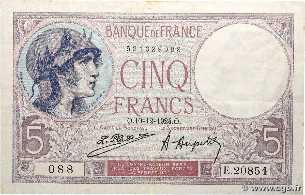 5 Francs FEMME CASQUÉE FRANCE  1924 F.03.08 TTB