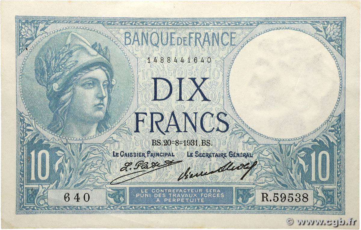 10 Francs MINERVE FRANCE  1931 F.06.15 pr.SUP