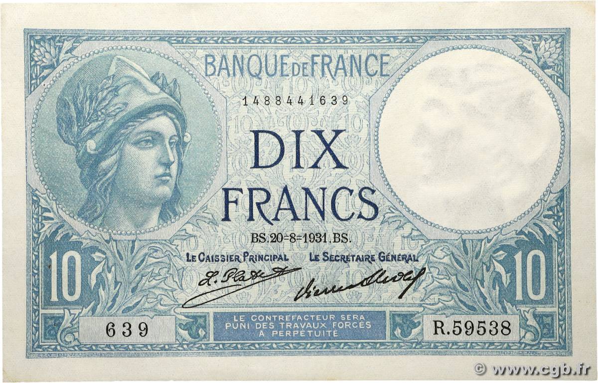 10 Francs MINERVE FRANCE  1931 F.06.15 SUP