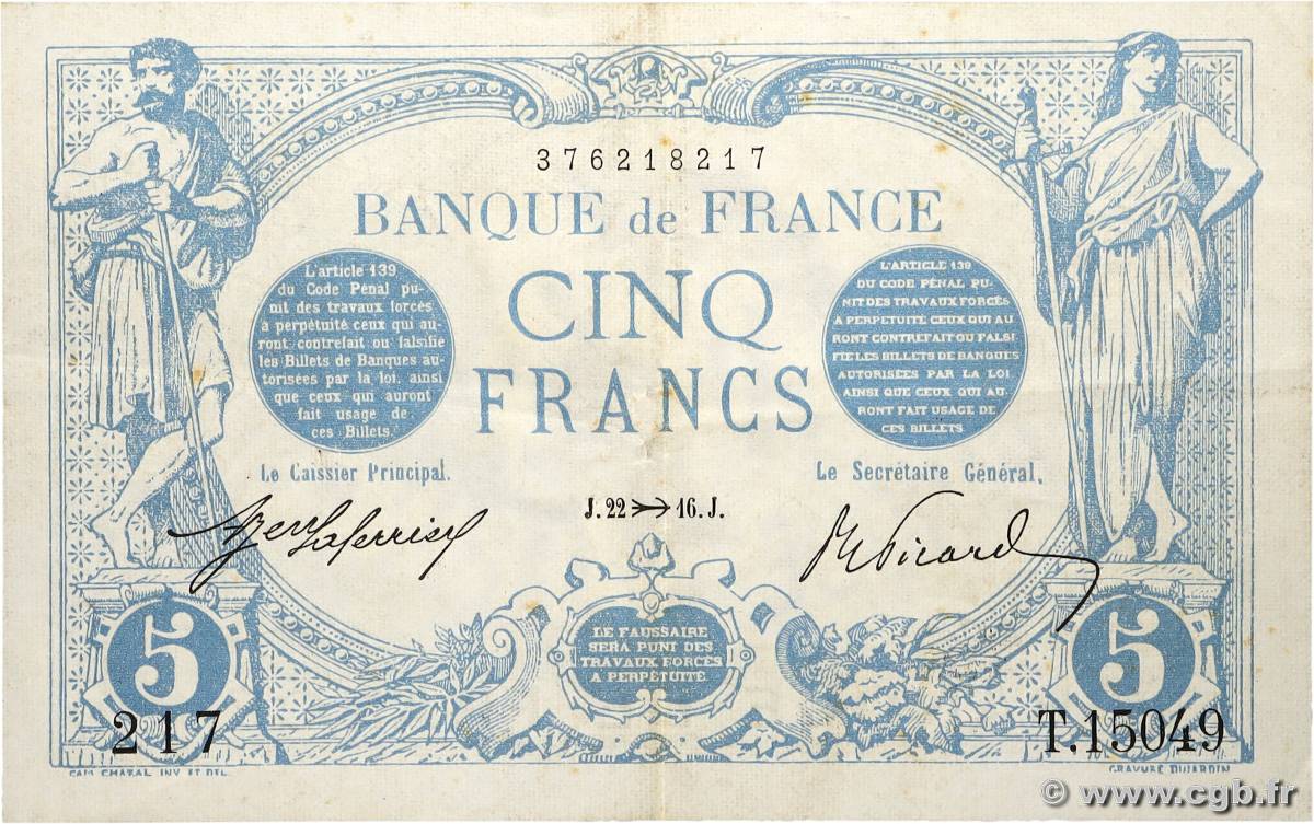 5 Francs BLEU FRANCE  1916 F.02.45 VF+