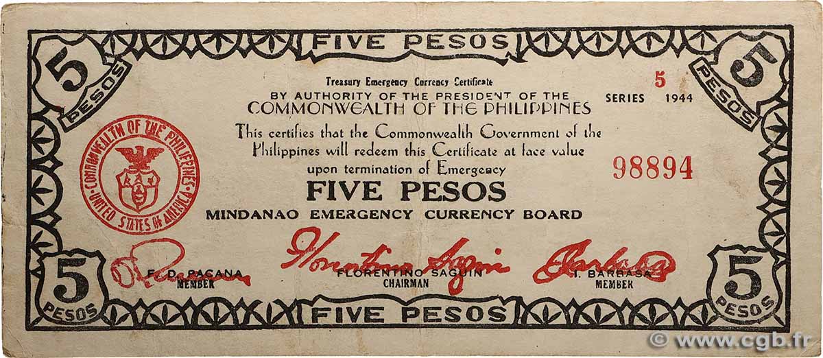 5 Pesos PHILIPPINES  1944 PS.526b TTB
