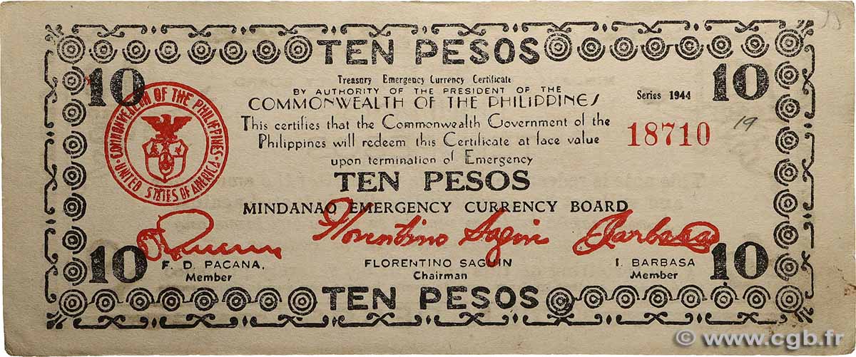 10 Pesos PHILIPPINES  1944 PS.527a TTB+