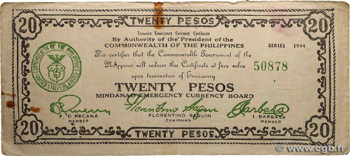 20 Pesos PHILIPPINES  1944 PS.528c TB+