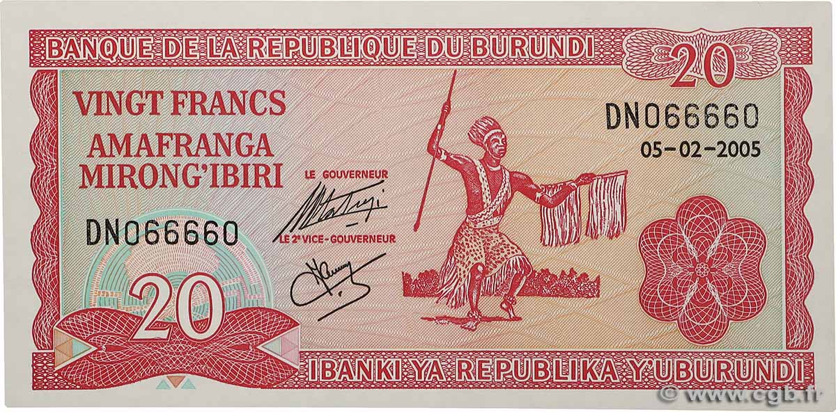 20 Francs Numéro radar BURUNDI  2005 P.27d NEUF