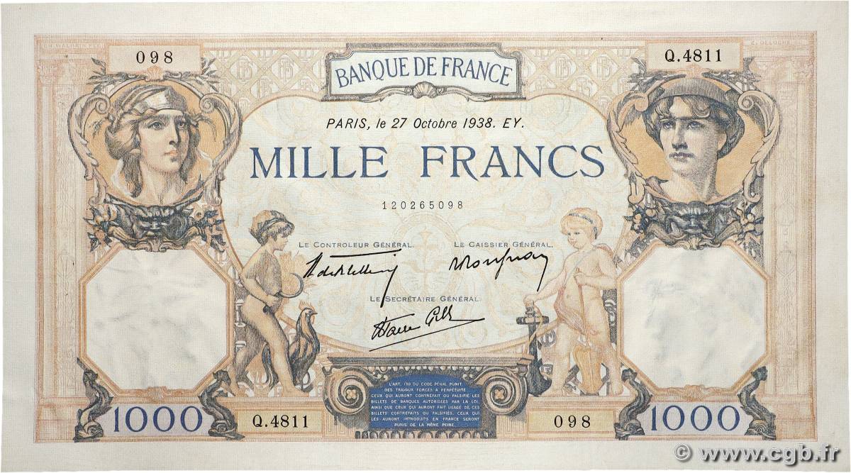 1000 Francs CÉRÈS ET MERCURE type modifié FRANCE  1938 F.38.31 TTB
