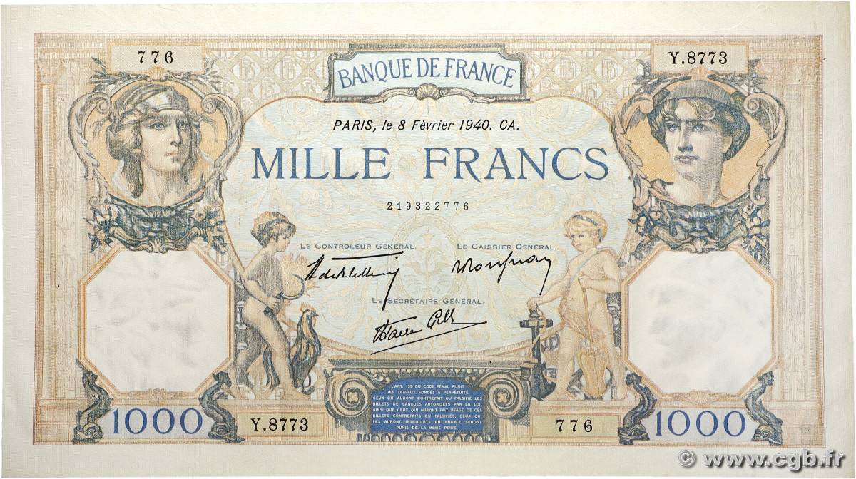 1000 Francs CÉRÈS ET MERCURE type modifié FRANCE  1940 F.38.42 TTB