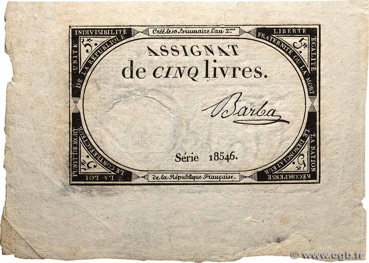 5 Livres FRANCE  1793 Ass.46a SUP
