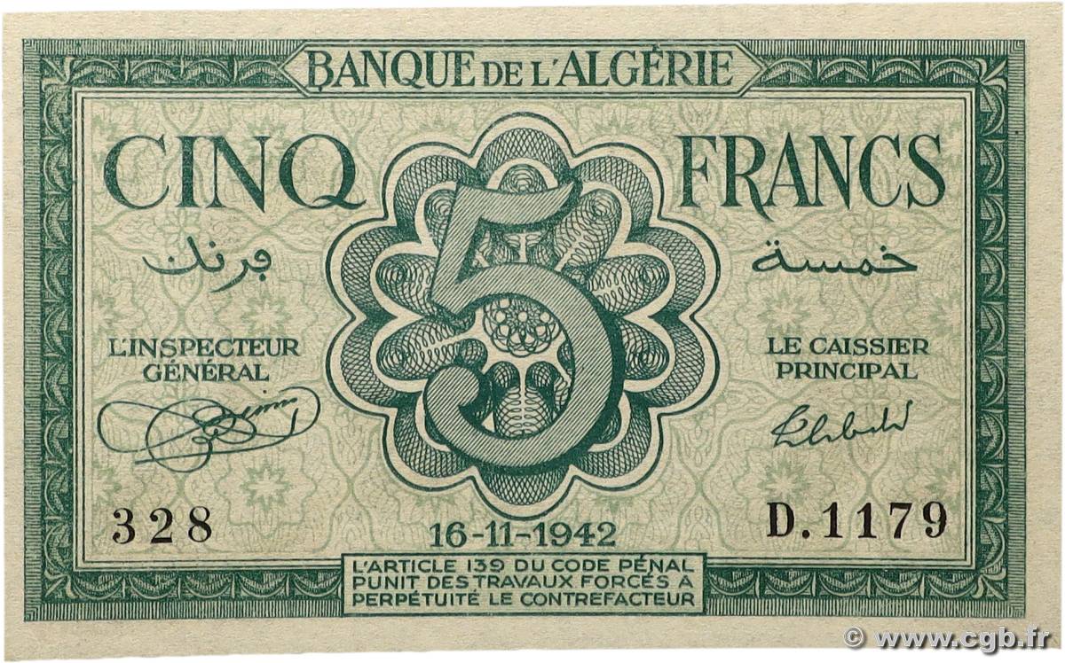 5 Francs ALGERIA  1942 P.091 UNC-