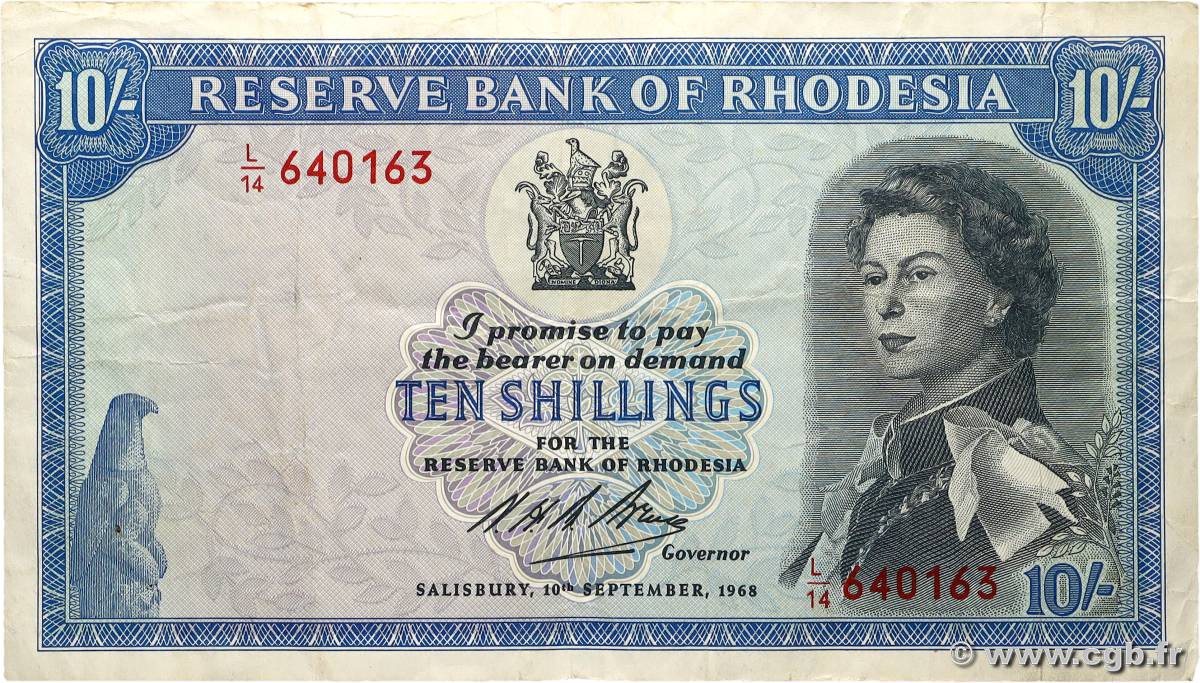 10 Shillings RHODÉSIE  1968 P.27b TB+