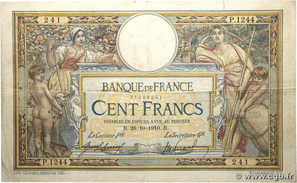 100 Francs LUC OLIVIER MERSON sans LOM FRANCE  1910 F.23.02 pr.TB