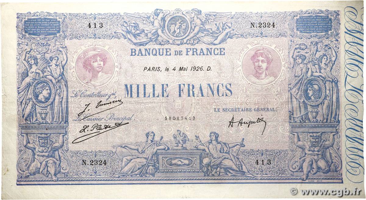 1000 Francs BLEU ET ROSE FRANCE  1926 F.36.42 TB