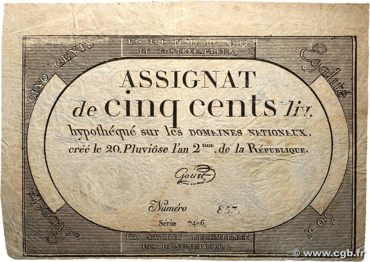 500 Livres FRANCE  1794 Ass.47a TB