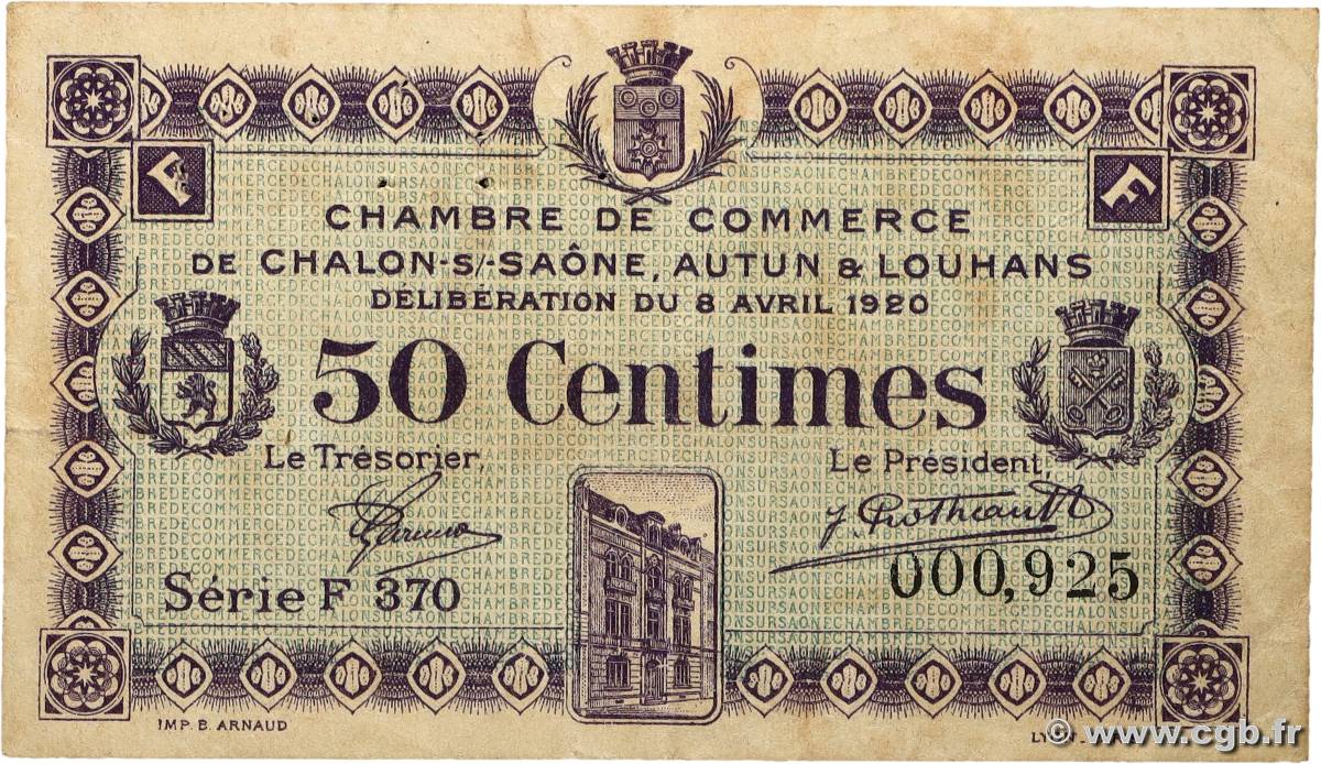 50 Centimes FRANCE régionalisme et divers Châlon-Sur-Saône, Autun et Louhans 1920 JP.042.24 TB