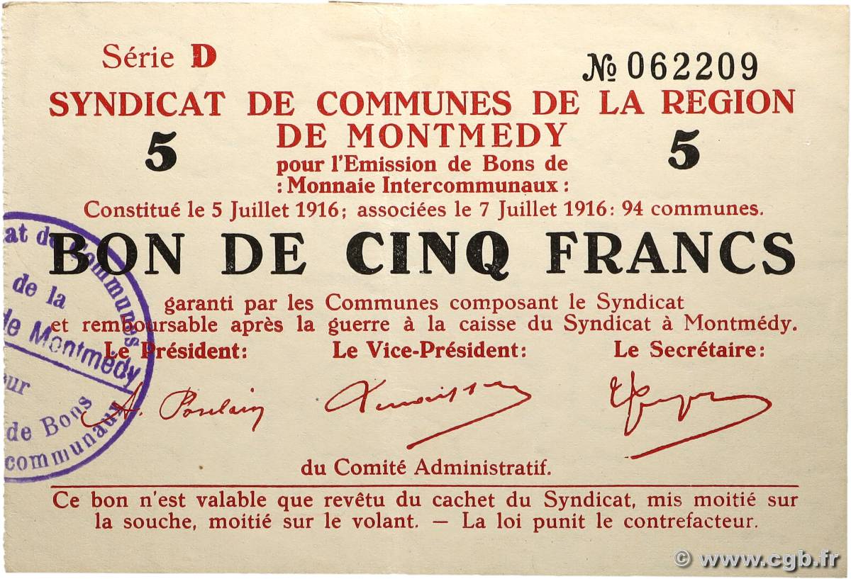 5 Francs FRANCE régionalisme et divers Montmedy 1916 JP.55 SUP+