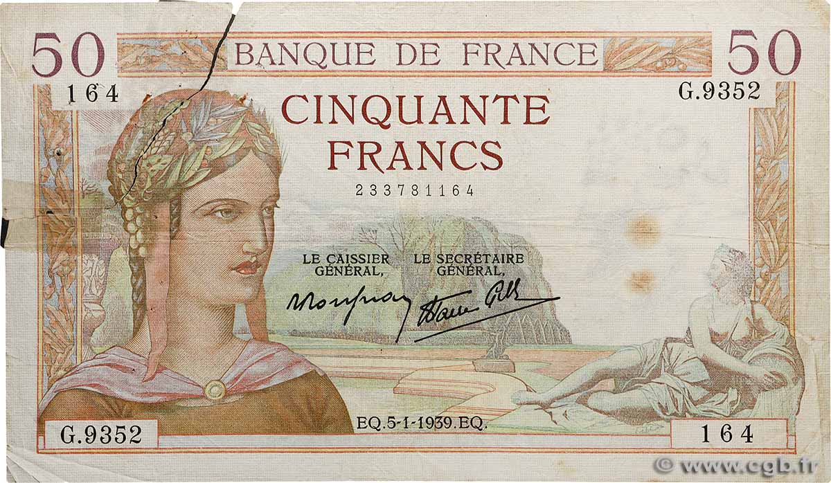 50 Francs CÉRÈS modifié FRANCE  1939 F.18.19 B