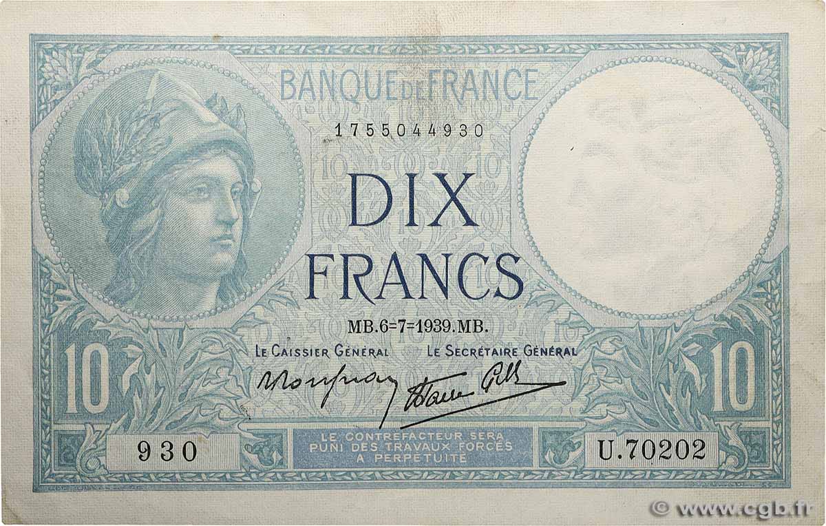 10 Francs MINERVE modifié FRANCE  1939 F.07.04 TTB