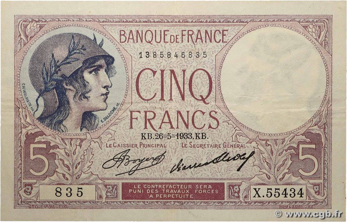 5 Francs FEMME CASQUÉE FRANCE  1933 F.03.17 TTB