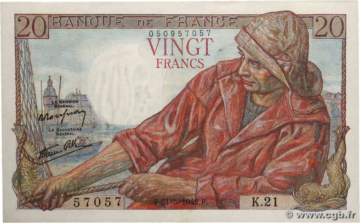 20 Francs PÊCHEUR FRANCE  1942 F.13.02 pr.SUP
