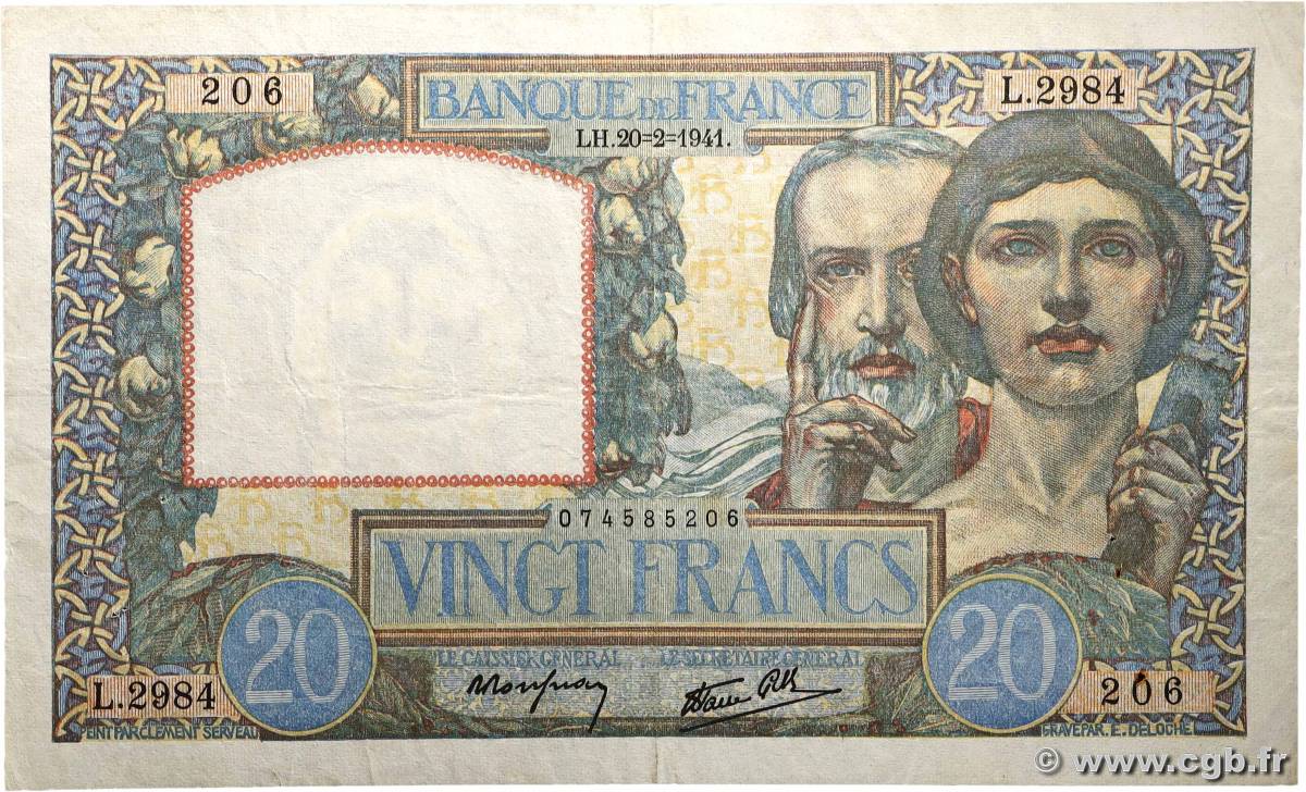 20 Francs TRAVAIL ET SCIENCE FRANCE  1941 F.12.12 TB