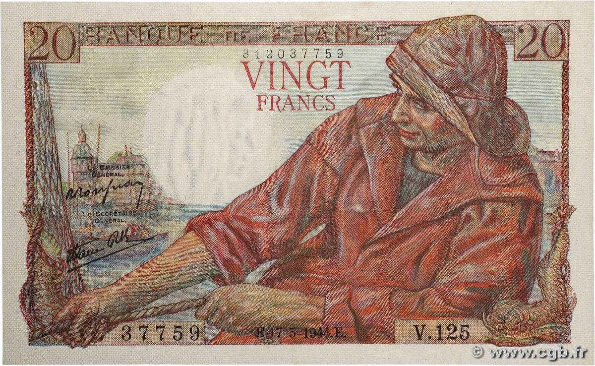 20 Francs PÊCHEUR FRANCE  1944 F.13.09 pr.NEUF