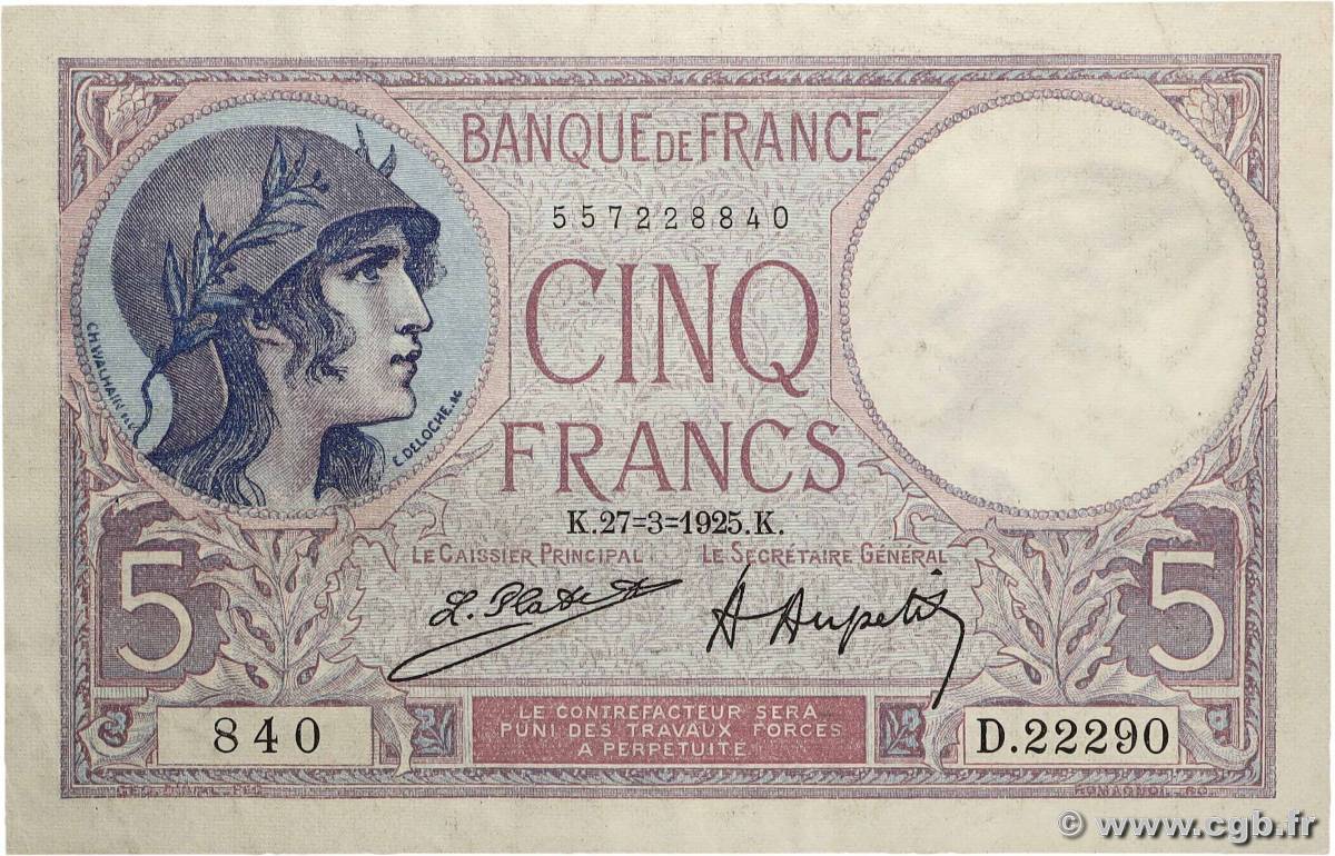 5 Francs FEMME CASQUÉE FRANCE  1925 F.03.09 pr.SUP